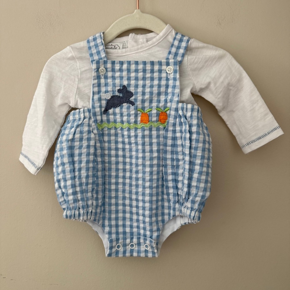 Mud‎ Pie Baby Boy Easter Bunny Gingham Seersucker Bubble Romper Set Blue 0-3M